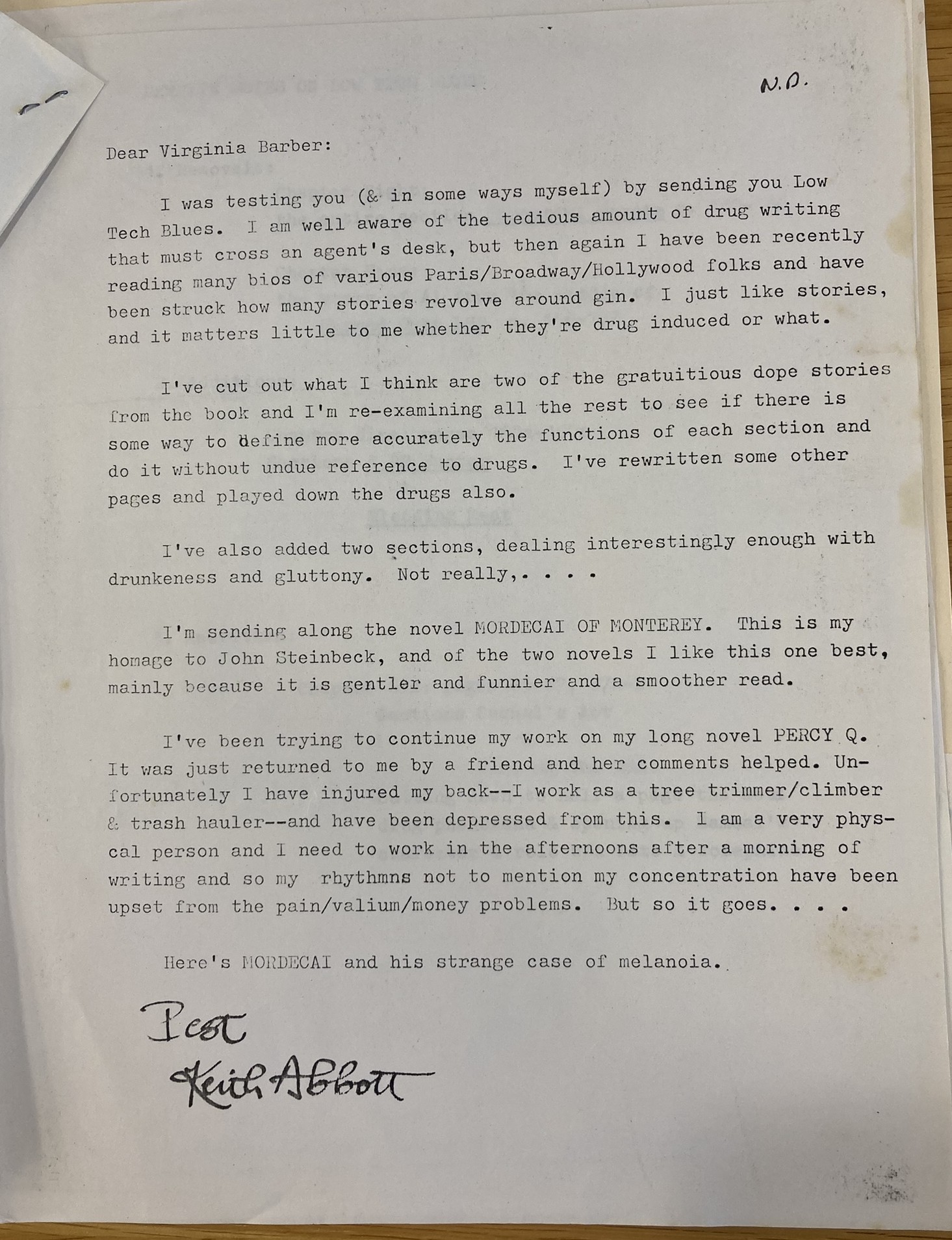 Keith Kumasen Abbott Letter about Mordecai to Virginia Barber