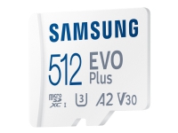 Samsung EVO Plus MB-MC512KA - Flash-minneskort (microSDXC till SD-adapter inkluderad) - 512 GB - A2 / Video Class V30 / UHS-I U3 / Class10 - mikroSDXC UHS-I - vit