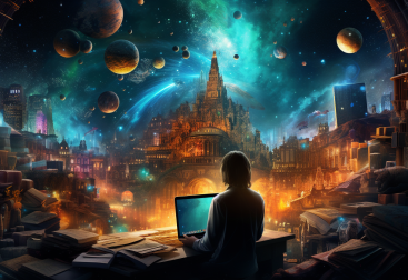 Kvinna vid dator med fantasivärld i bakgrunden.