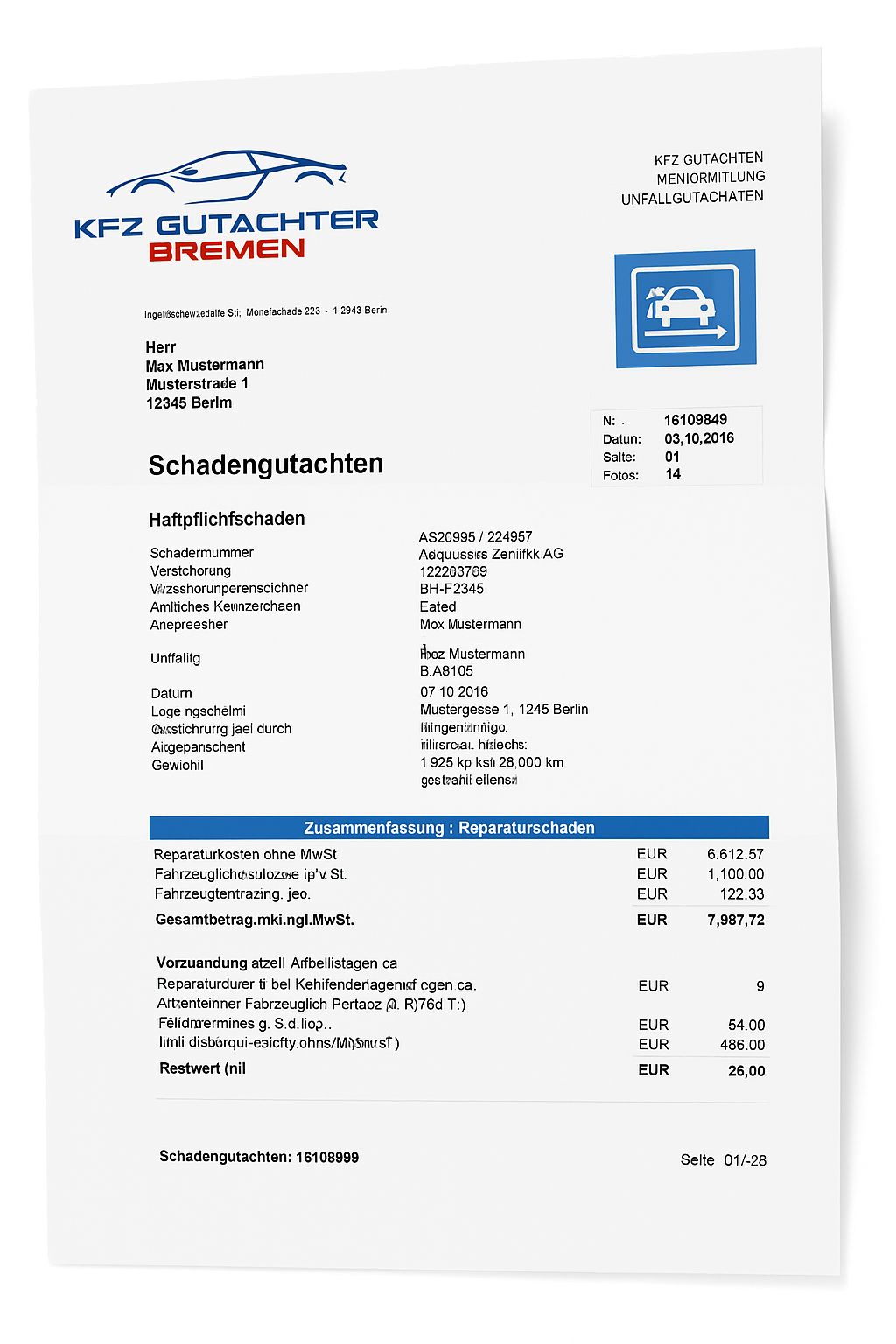 Ein Schadengutachten von Kfz Gutachter Bremen zeigt Reparaturkosten, Kundendaten und eine Kostenübersicht. Das Dokument ist an Max Mustermann adressiert, und die Reparaturen sind unten detailliert aufgeführt. Ein Schadengutachten von Kfz Gutachter Bremen zeigt Reparaturkosten, Kundendaten und eine Kostenübersicht. Das Dokument ist an Max Mustermann adressiert, und die Reparaturen sind unten detailliert aufgeführt.