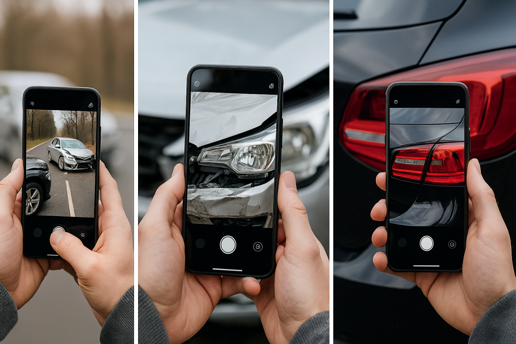 Auf drei nebeneinander angeordneten Bildern sind Hände zu sehen, die ein Smartphone halten und Nahaufnahmen eines Autounfalls machen, wobei der Fokus auf den Schäden an der Vorder- und Rückseite der Fahrzeuge liegt.