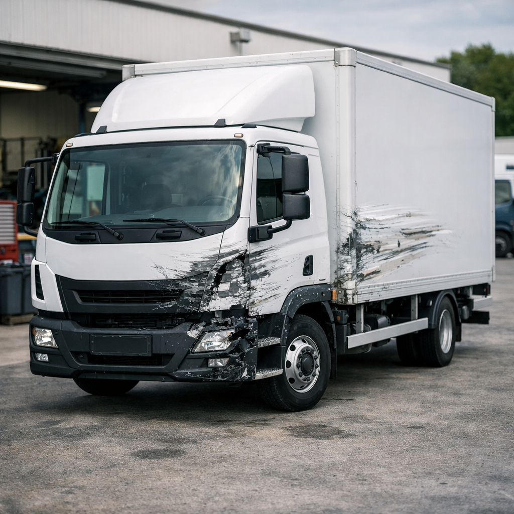 LKW mit Streifschaden in Werkstatt – professionelle Schadendokumentation durch KFZ Gutachter, Sachverständigen Halk