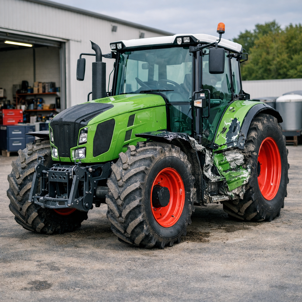 Traktor mit Seitenschaden rechts auf Werkstatthof – professionelle Schadendokumentation durch KFZ Gutachter Halk