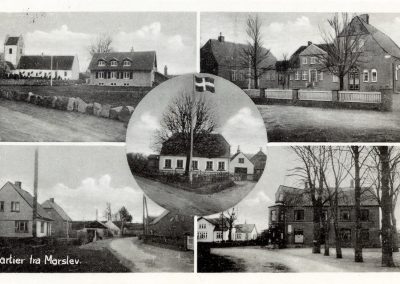 Gammelt postkort fra Marslev. Prospekt med bl.a. skolen. Postkortet er sendt den 3. april 1940