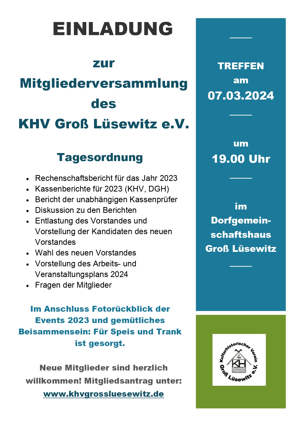 am 07.03.2024 um 19:00 Uhr im DGH Groß Lüsewitz, inkl. Berichte, Vorstandswahl und gemütlichem Beisammensein bei Speis und Trank