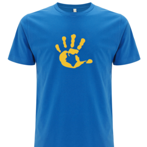 Produktbild Shirt Men unisex BRIGHTBLUE mit senfgelber Hand