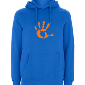 Produktbild blauer Hoodie mit oranger Hand