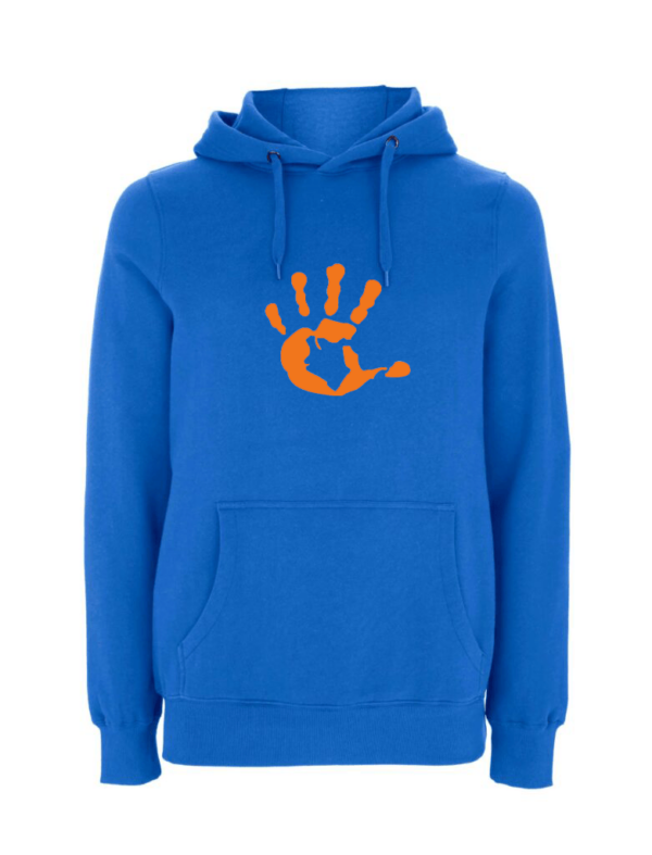 Produktbild blauer Hoodie mit oranger Hand