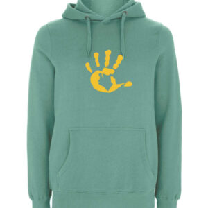 Produktbild sage gruener Hoodie mit gelber Hand