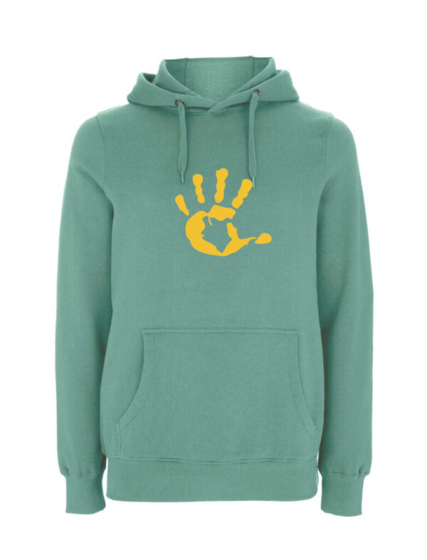 Produktbild sage gruener Hoodie mit gelber Hand