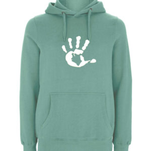 Produktbild sage gruener Hoodie mit weisse Hand