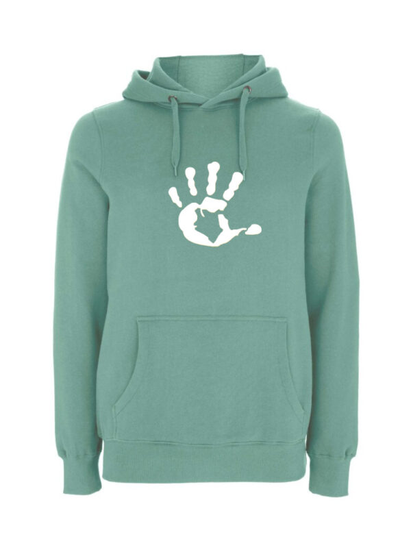 Produktbild sage gruener Hoodie mit weisse Hand