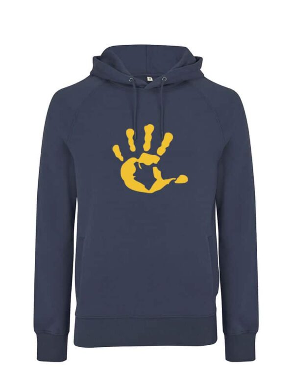 Produktbild DENIM BLUE Hoodie mit senfgelber Hand