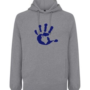 Produktbild grauer Hoodie mit dunkelblauer Hand