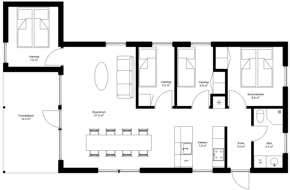 Grundplan: Klassisk 99 kvm med overdækket og entre i facade