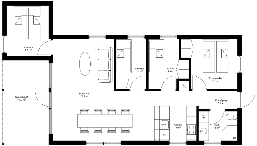 Grundplan: Klassisk 99 kvm med overdækket og entre i gavl