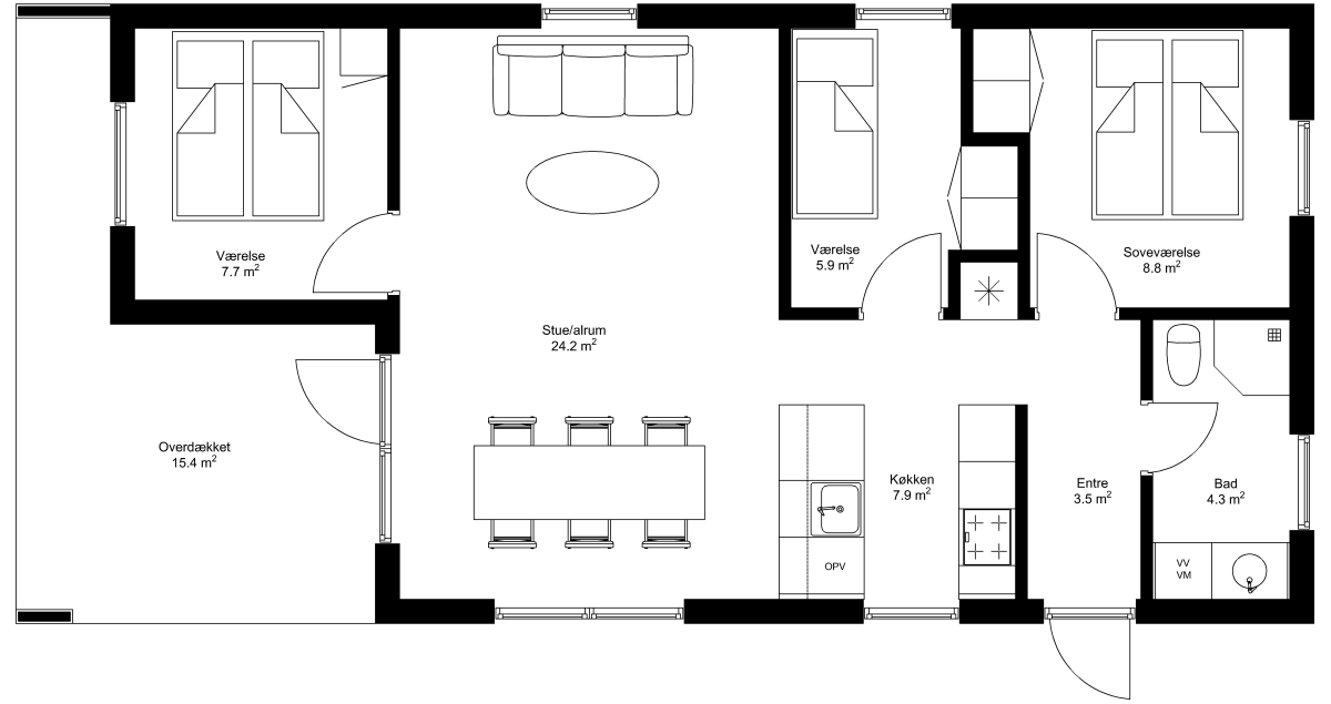 Grundplan: Moderne 90 kvm med overdækket, tre værelser og entre i facade