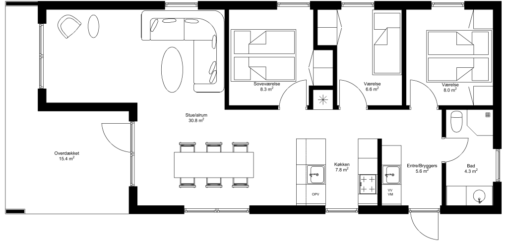 Grundplan: Moderne 100 kvm med overdækket, tre værelser, bryggers og entre i facade