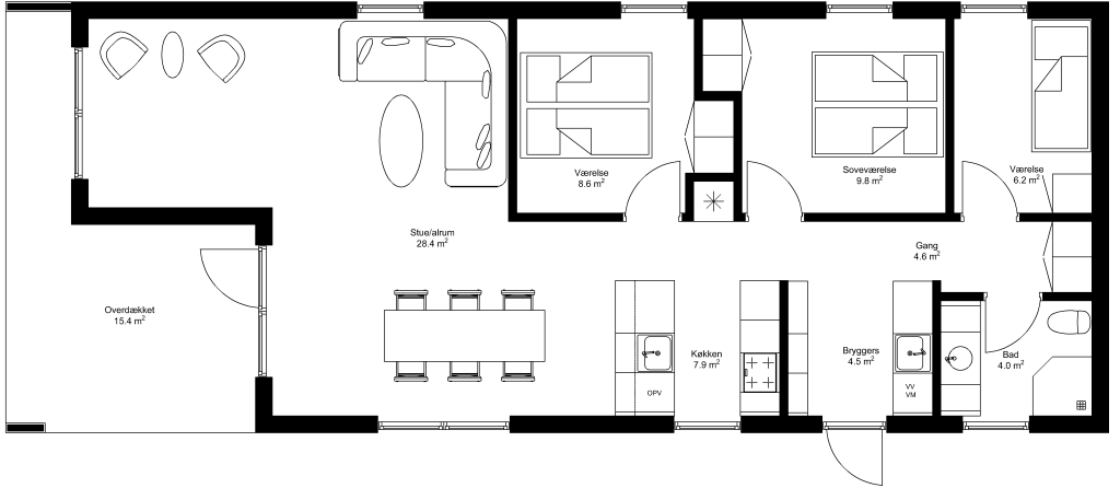 Grundplan: Moderne 110 kvm med overdækket, tre værelser og entre i facade
