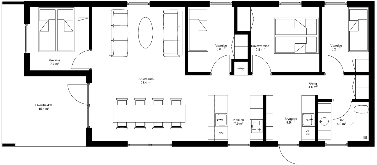 Grundplan: Moderne 110 kvm med overdækket, fire værelser og entre i facade
