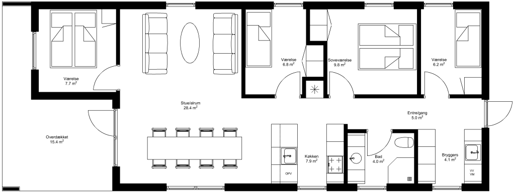 Grundplan: Moderne 110 kvm med overdækket, fire værelser og entre i gavl