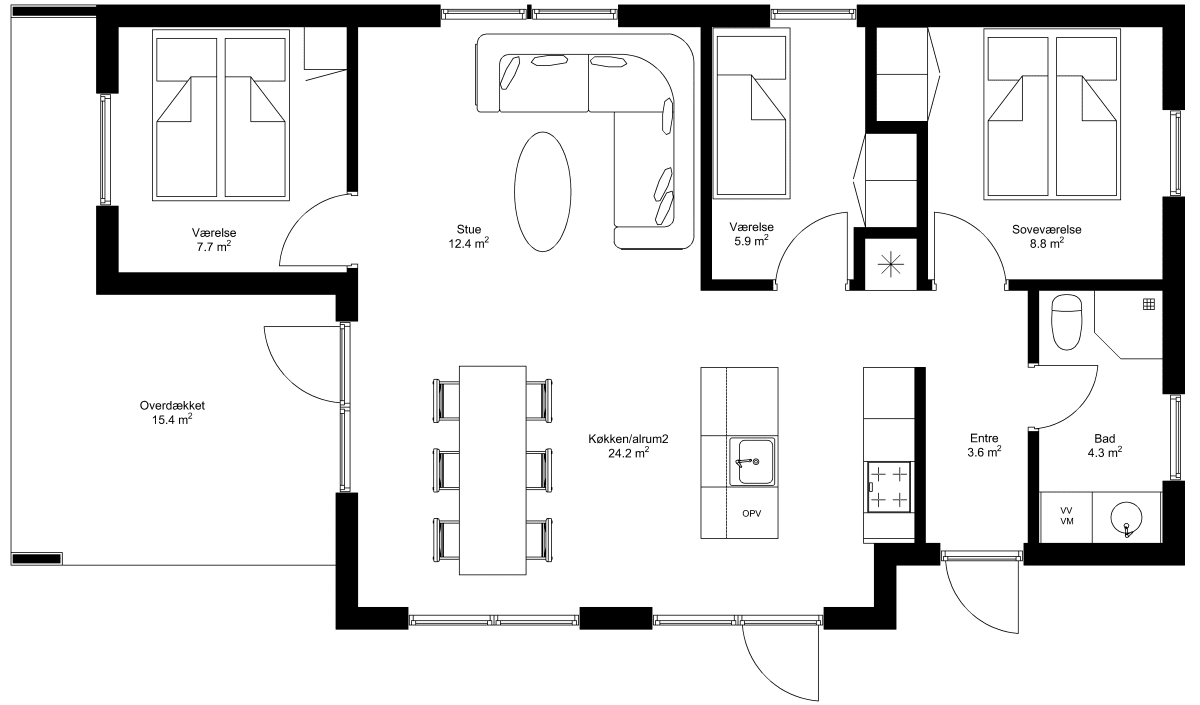 Grundplan: Moderne 95 kvm med overdækket, tre værelser og entre i facade.