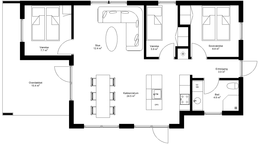 Grundplan: Moderne 95 kvm med overdækket, tre værelser og entre i gavl.