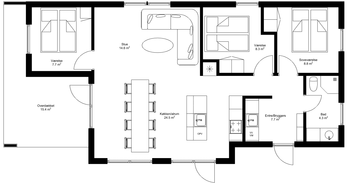 Grundplan: Moderne 105 kvm med overdækket, tre værelser, bryggers og entre i facade.