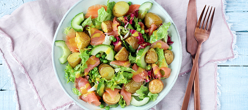 Salade met gerookte zalm en Krieltjes