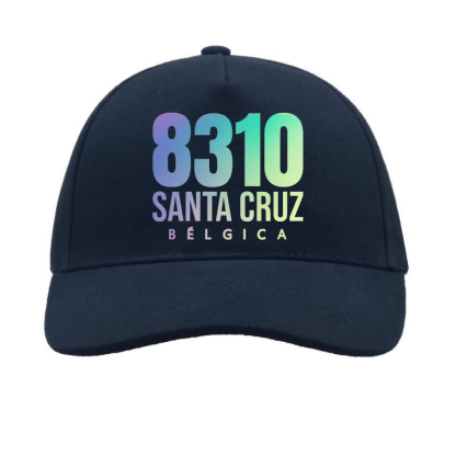 Black cap with rainbow metallic print that says 8310 Santa Cruz Bélgica