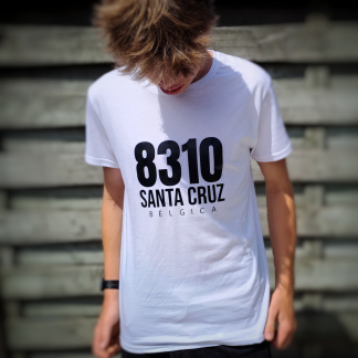 Model looking down and wearing a white King Kasketee T-shirt with following black print: 8310 SANTA CRUZ BELGICA