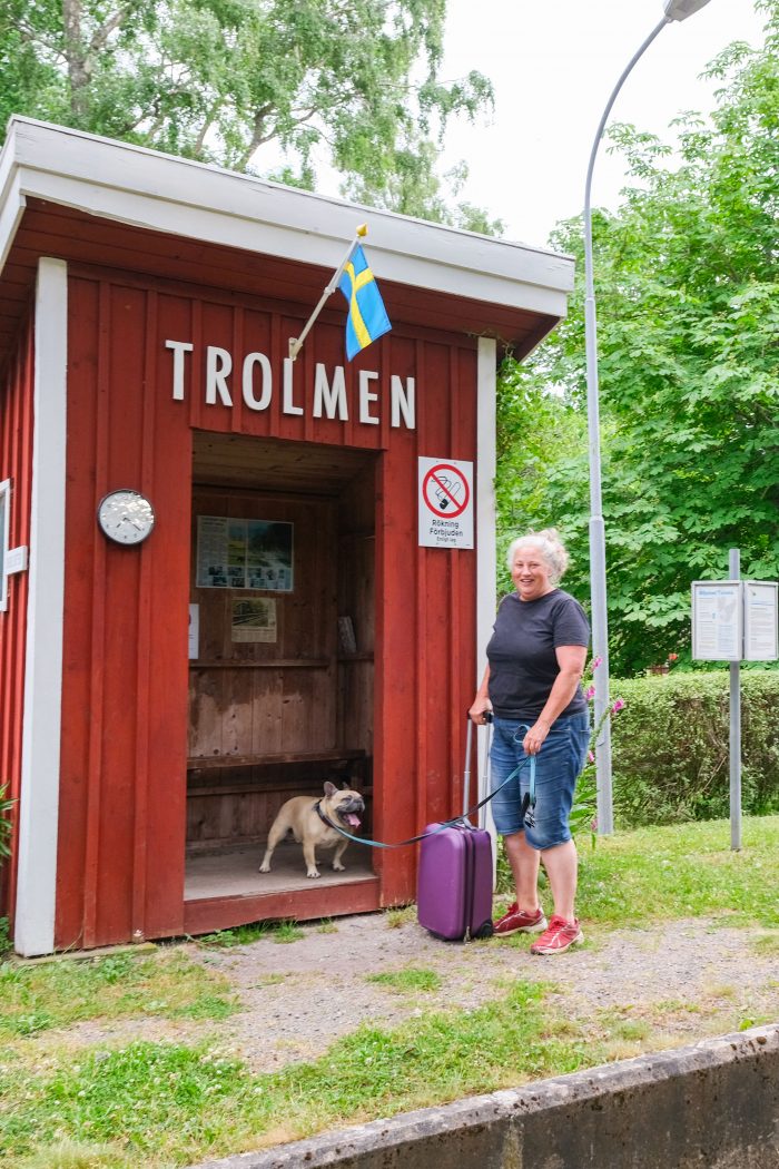 Konstnär och hund i väntstugan på Trolmens tågstation.