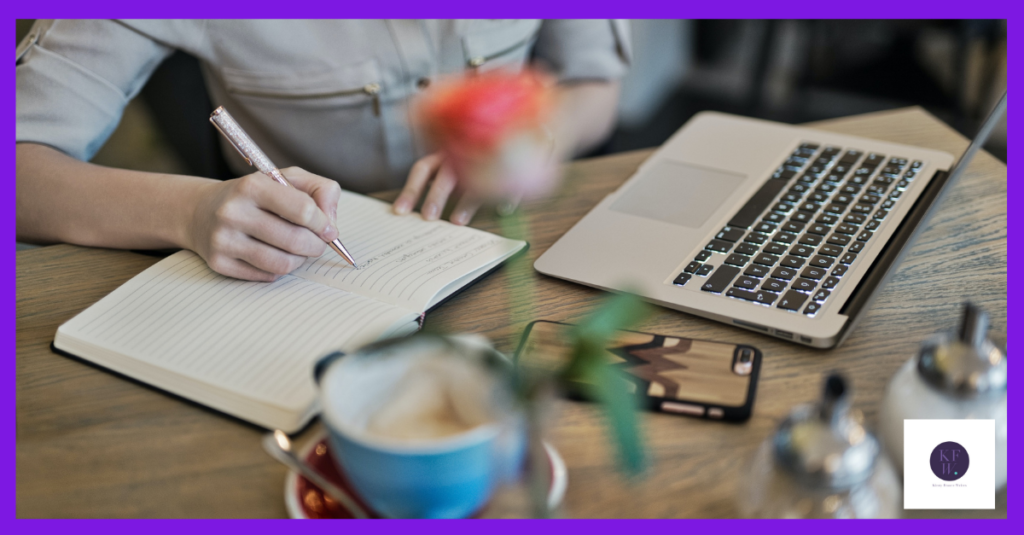 Woman at desk writing marketing content.