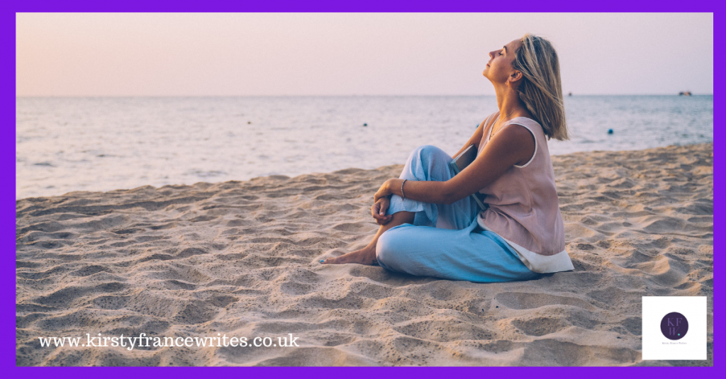 Image shows a woman sitting on a beach. How do you show the before and after in your marketing?