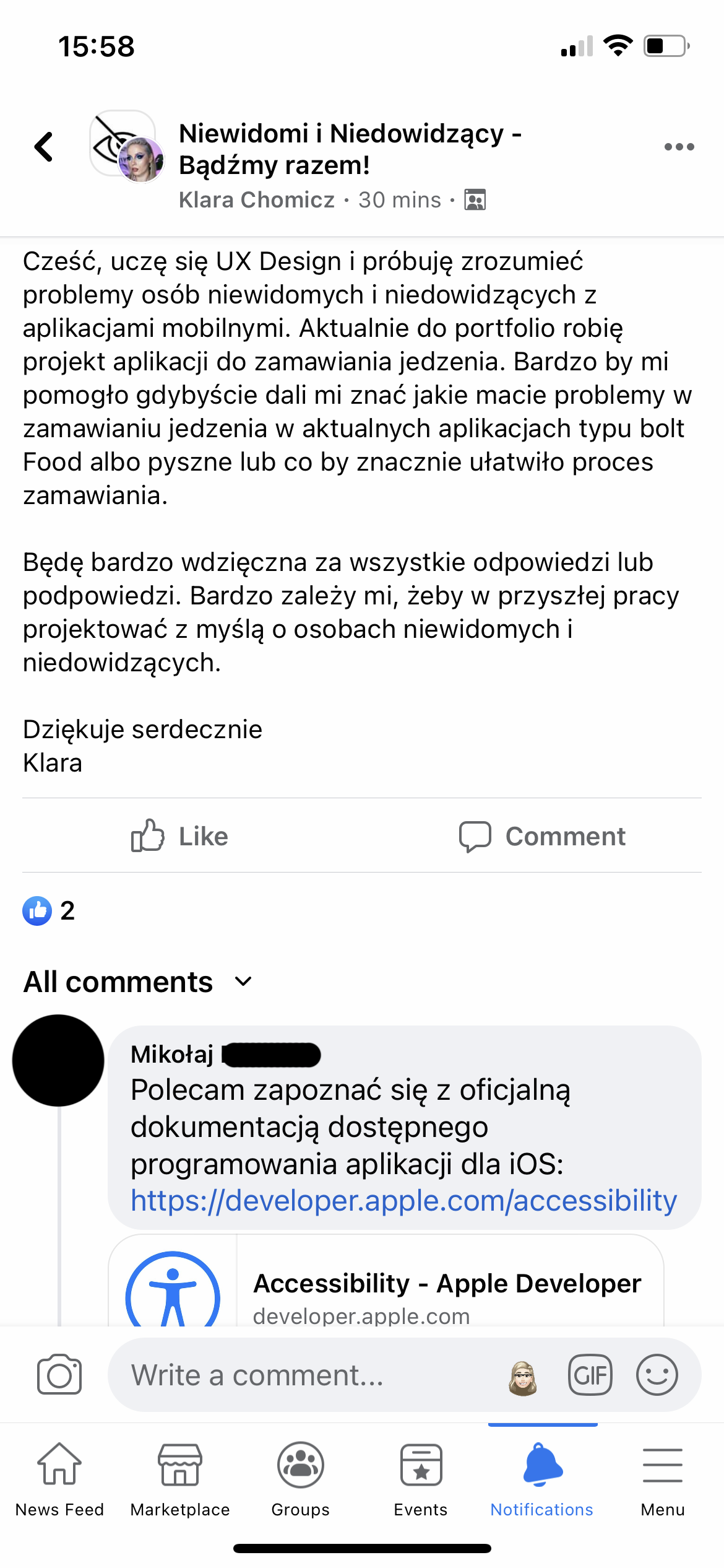 On this screenshot I asked people that are blind or hard-of-seeing about giving me some feedback about using available food ordering apps and the problems they faced.