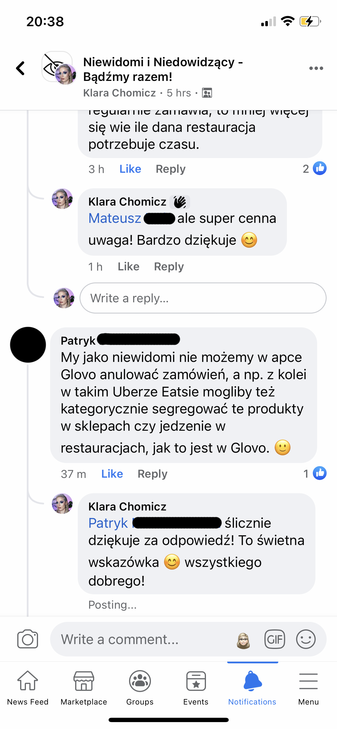 This user said that in one of the apps, a blind person cannot cancel the order and that another app could categorise items and that it was helpful