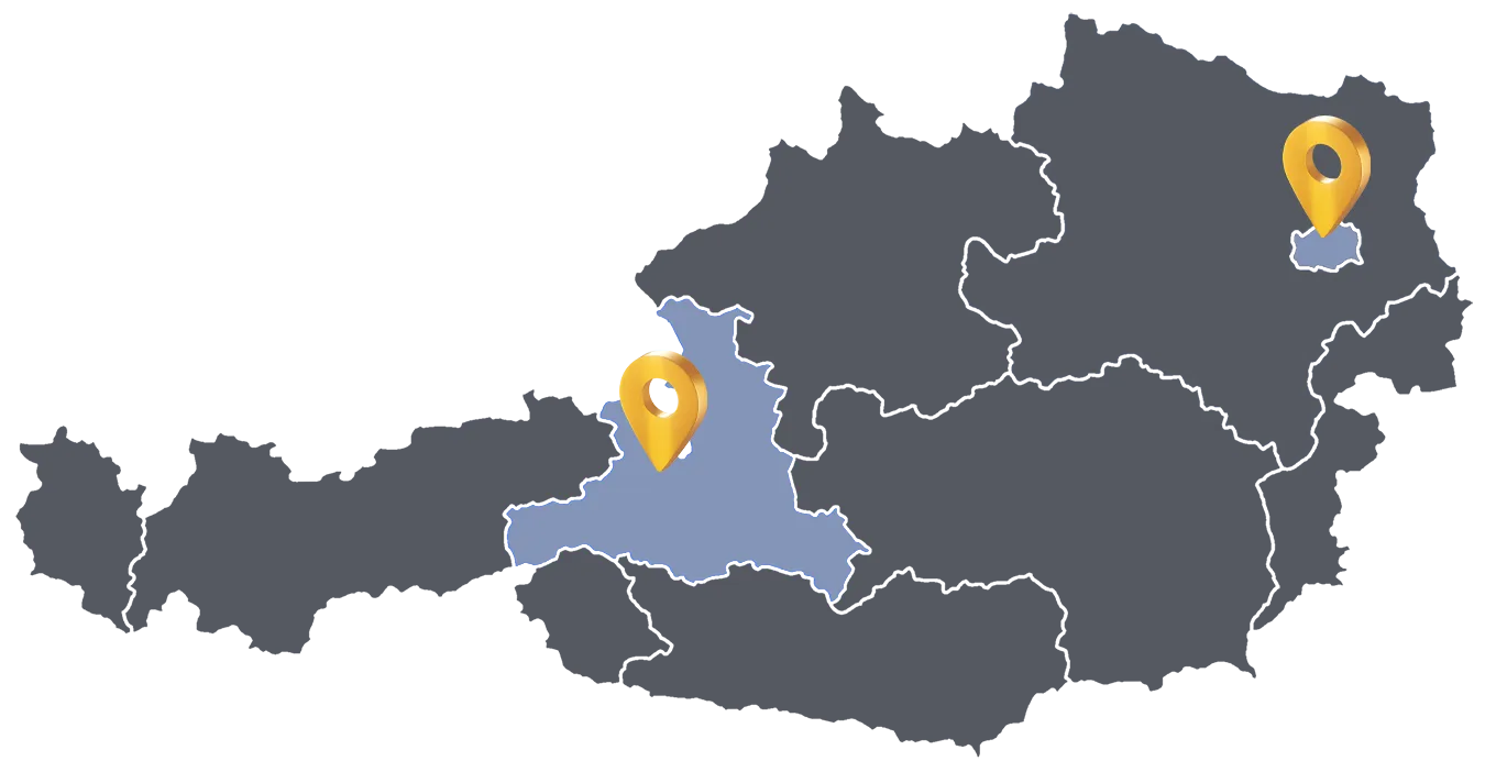 Map showing the two main Klima-Media locations in Austria – Vienna and Saalfelden – highlighting regional presence and accessibility for clients across Europe. Map showing the two main Klima-Media locations in Austria – Vienna and Saalfelden – highlighting regional presence and accessibility for clients across Europe.