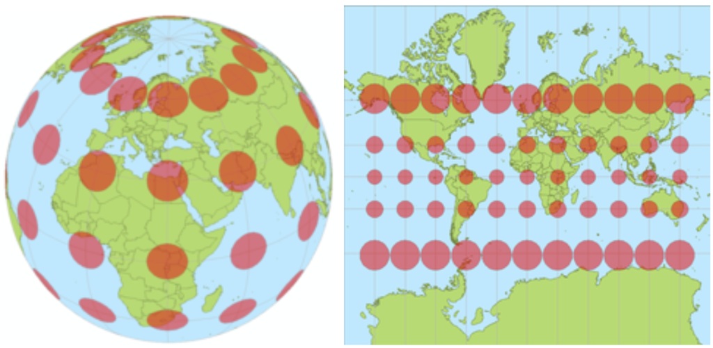 Kortet viser de proportioner og forvrængninger, der opstår på et Mercator-kort. Jo længere væk fra Ækvator man er, jo større er forvrængningen. Som du kan se på kortet, er både Grønland i nord og Antarktis i syd kæmpestore.