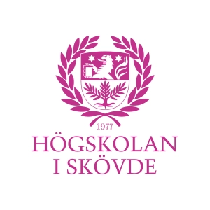 Logotyp för Högskolan i Skövde med ett rosa emblem och texten ‘Högskolan i Skövde’ under.