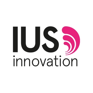 Logotyp för IUS Innovation med svart text och en rosa stiliserad symbol till höger.