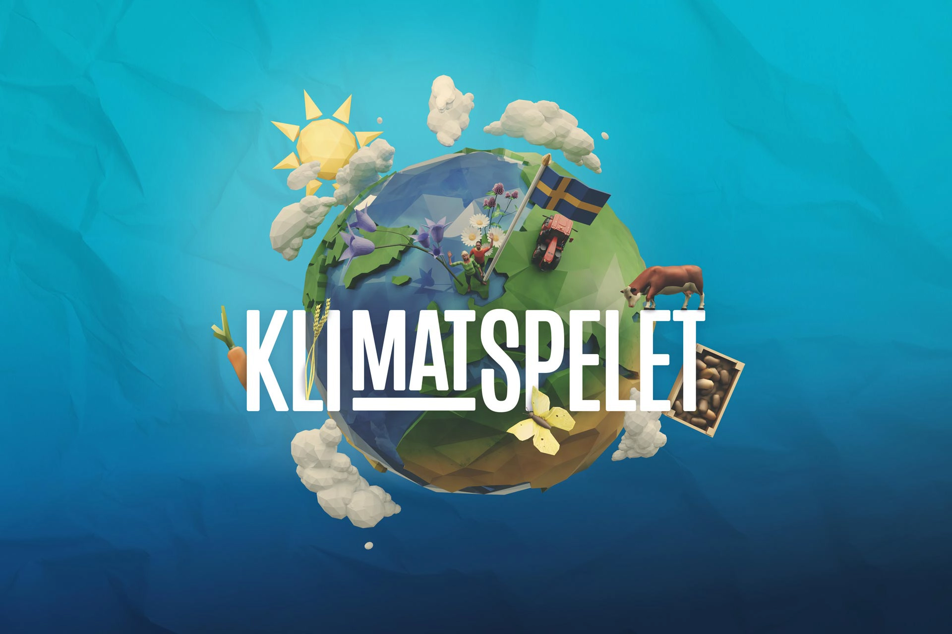 Klimatspelets logotyp med en 3D-illustration av en jordglob omgiven av moln, växter, en svensk flagga, en ko och en låda med potatis.