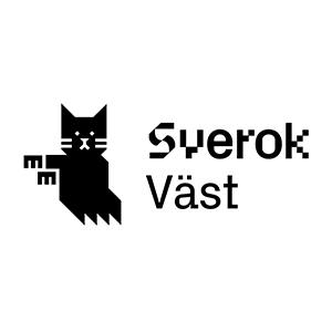 Logotyp för Sverok Väst med en stiliserad svart katt och texten ‘Sverok Väst’.