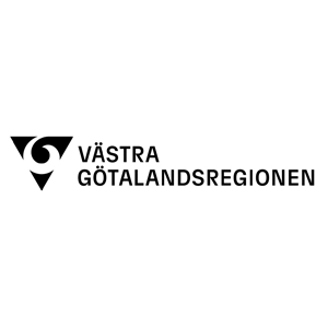 Logotyp för Västra Götalandsregionen, svartvit design med en stiliserad symbol och text.