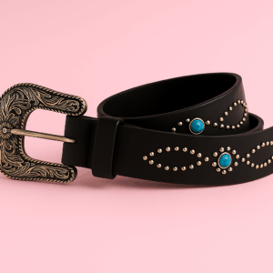Ceinture Western Femme Noire à Clous Argentés — Loavies Taille S/M (85 cm)