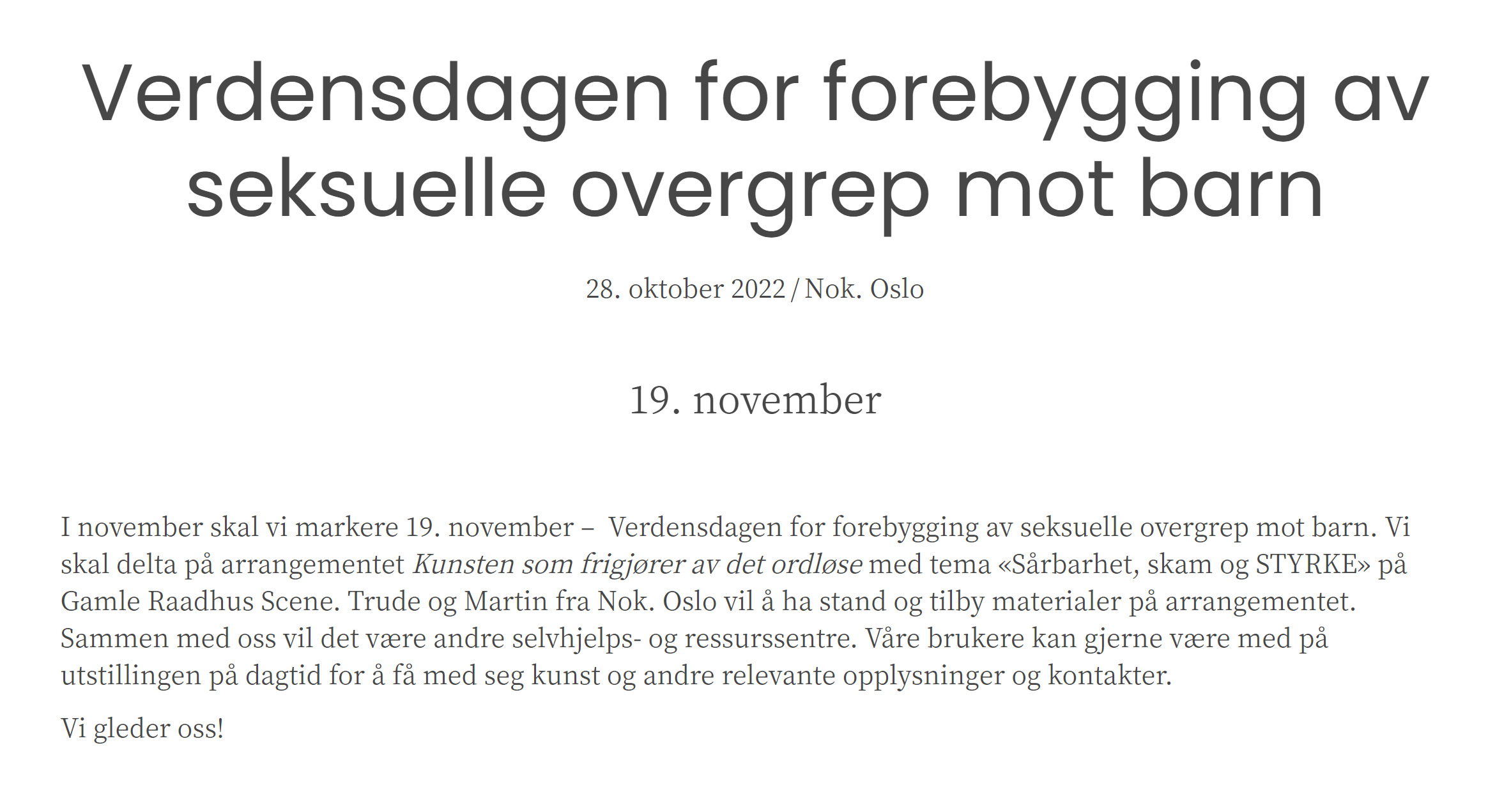Nok.Oslo - nokoslo.no - Verdensdagen for forebygging av seksuelle overgrep mot barn 19. november