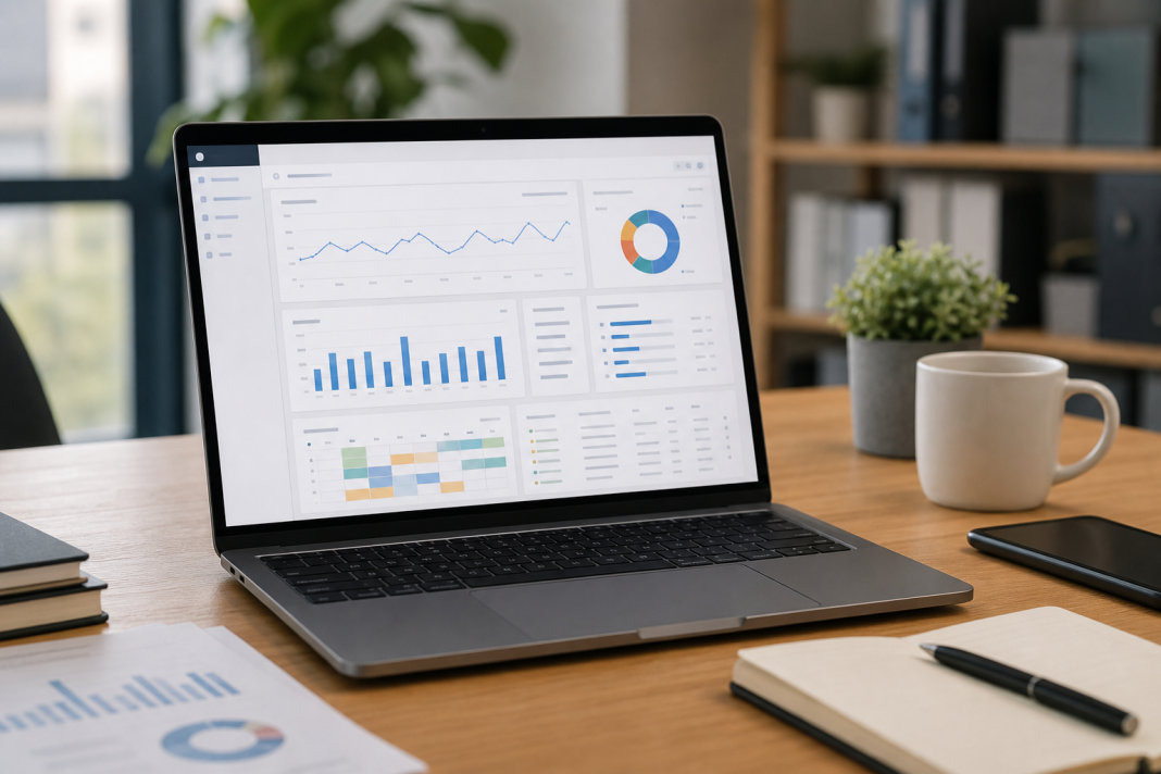 AI-gegenereerde illustratieve foto van een laptop met abstract gebruiksdashboard op een kantoorwerkplek.