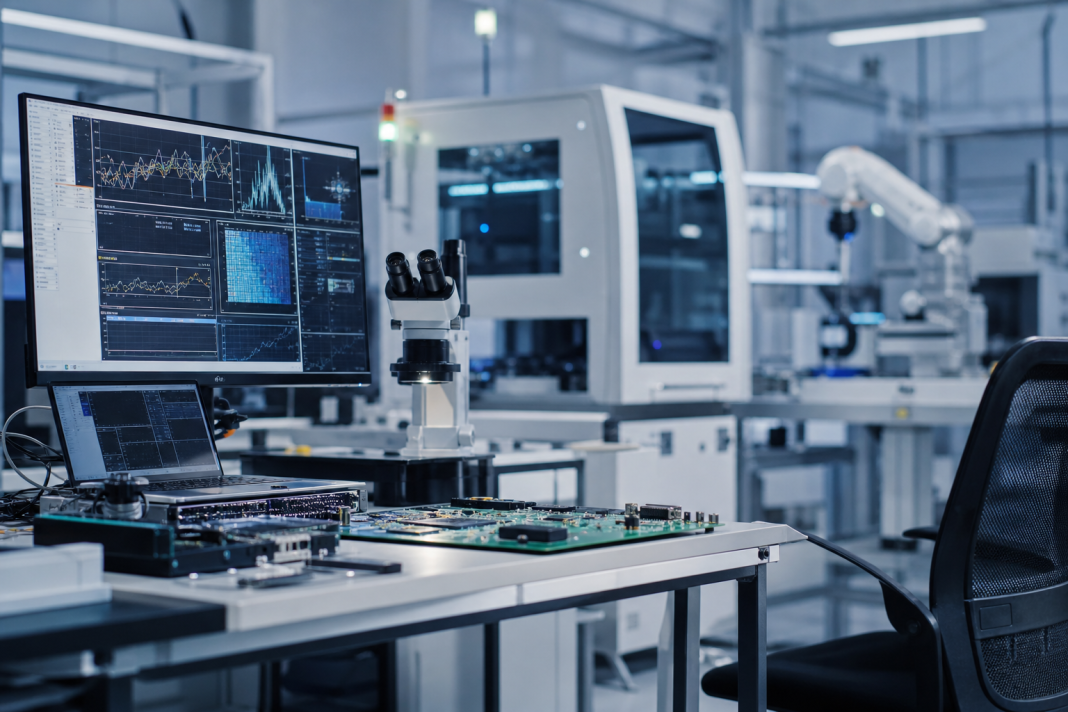 AI-gegenereerde illustratieve foto van een elektronicalab voor productievalidatie en tests.