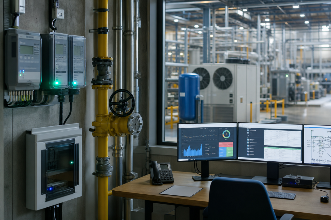AI-gegenereerde illustratieve foto van energiebeheer met elektriciteitsmeters en gasleiding in een bedrijfsomgeving.