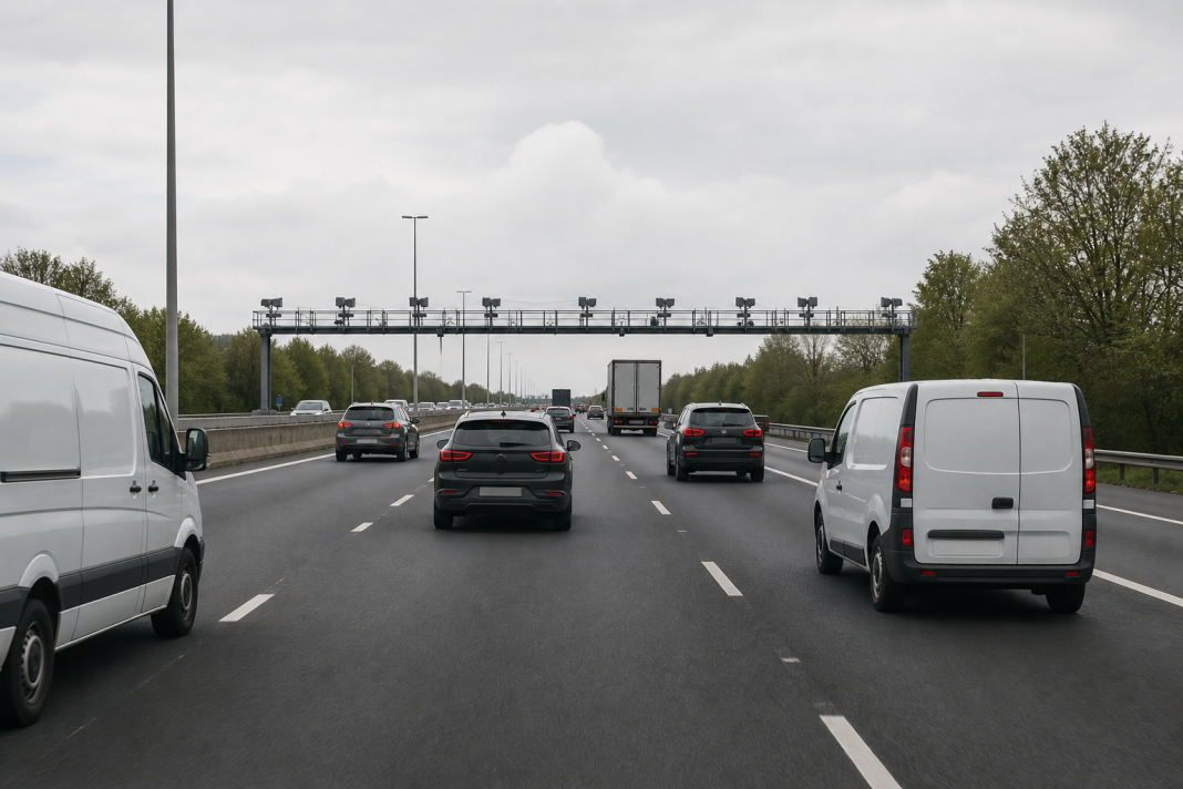 AI-gegenereerde illustratieve foto van bestelwagens en wagens op een snelweg met tolportiek in de verte.