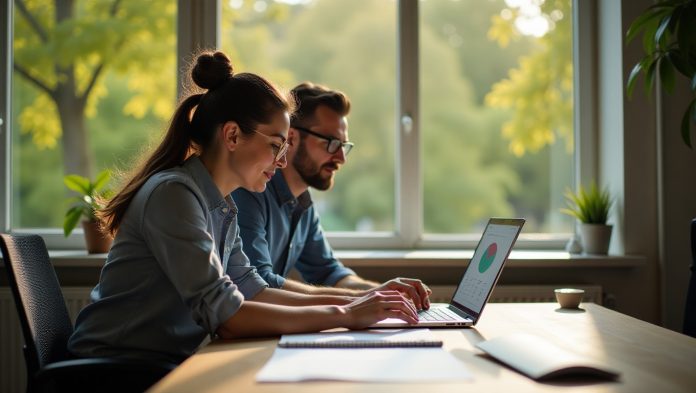 Zaakvoerder en IT-collega bekijken laptop met formuliercontext in kantoor